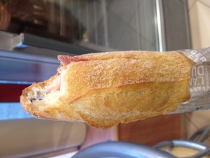 A sanwich "jambon fromage," which consists of ham, cheese and butter on a fresh baguette