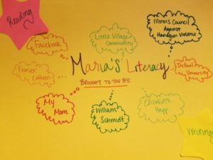 A mind map of Maria's Literacy in colored marker on construction paper