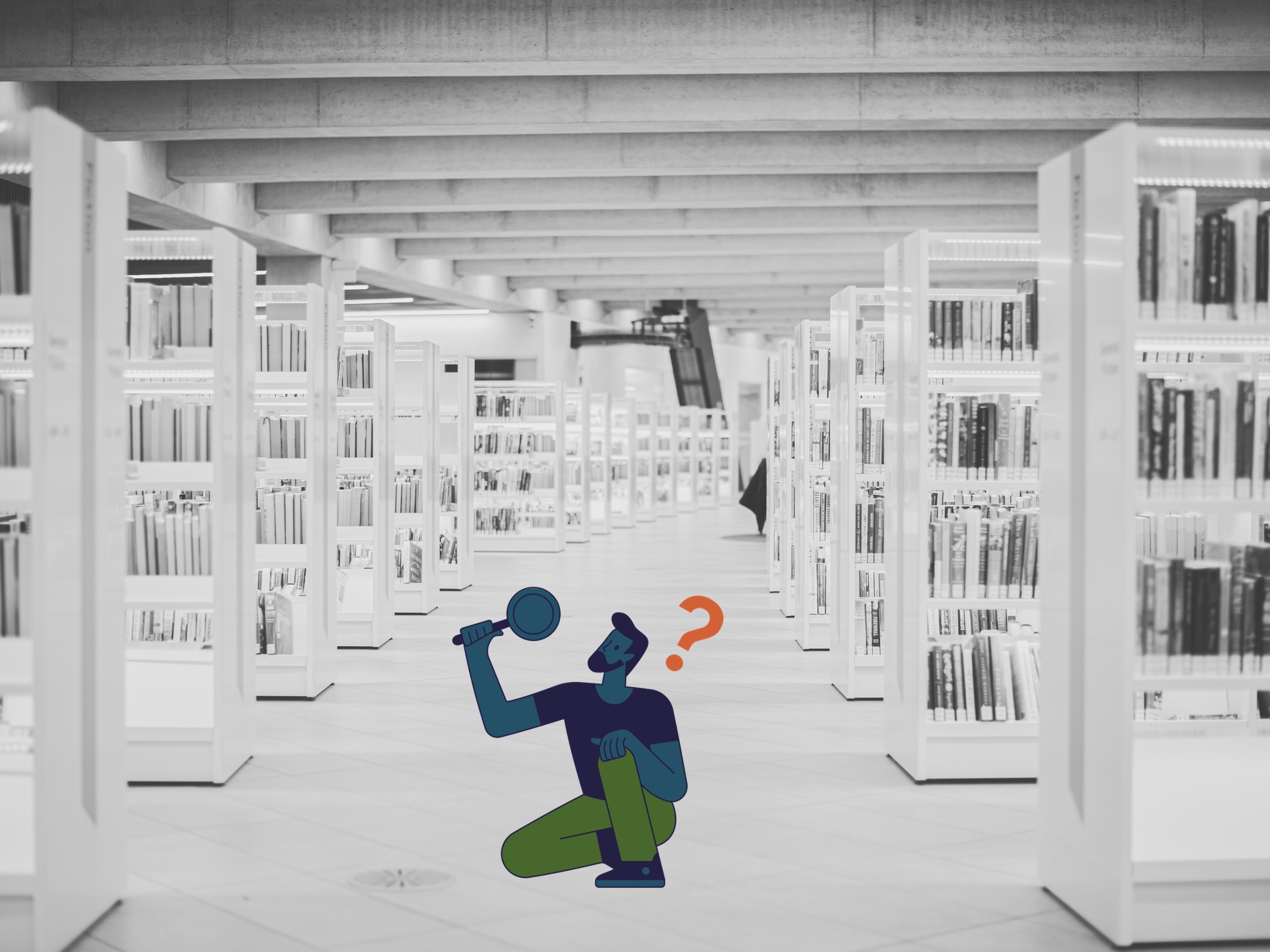 cartoon person searching library shelves