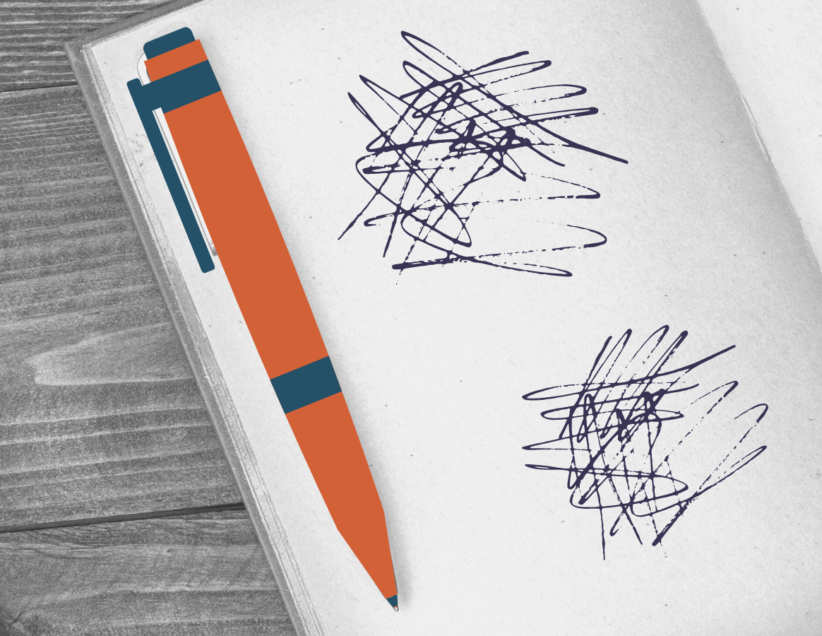 Orange pen sits on top of a notebook. Pen scribble marks in notebook.