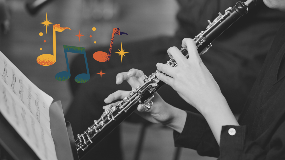 Black and white image of a woman plays an oboe. Colored sixteenth and eighth notes with gold sparkles come out of the oboe.