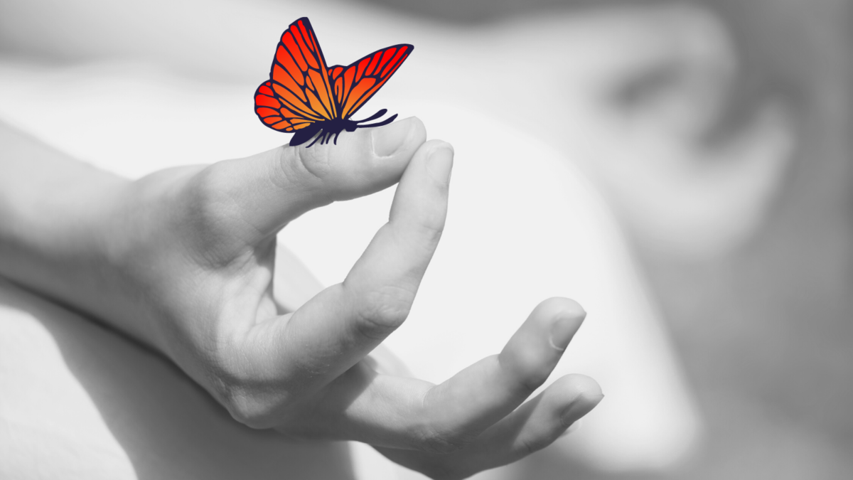 Red and gold colored butterfly sits on person's thumb. The entire image is black and white except for the butterfly.
