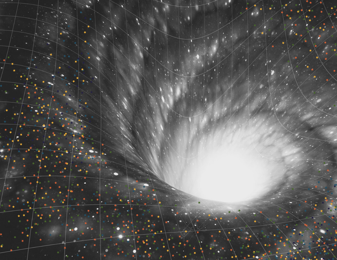 swirling galaxy in black white with small colored dots floating around the outside swirl.