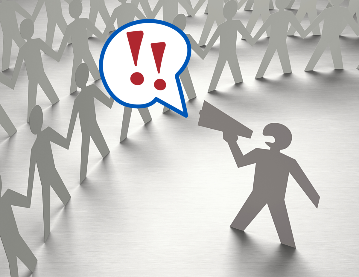 Stick figure standing in front of a crowd is holding megaphone. A speech bubble with exclamation points is coming out of the megaphone.