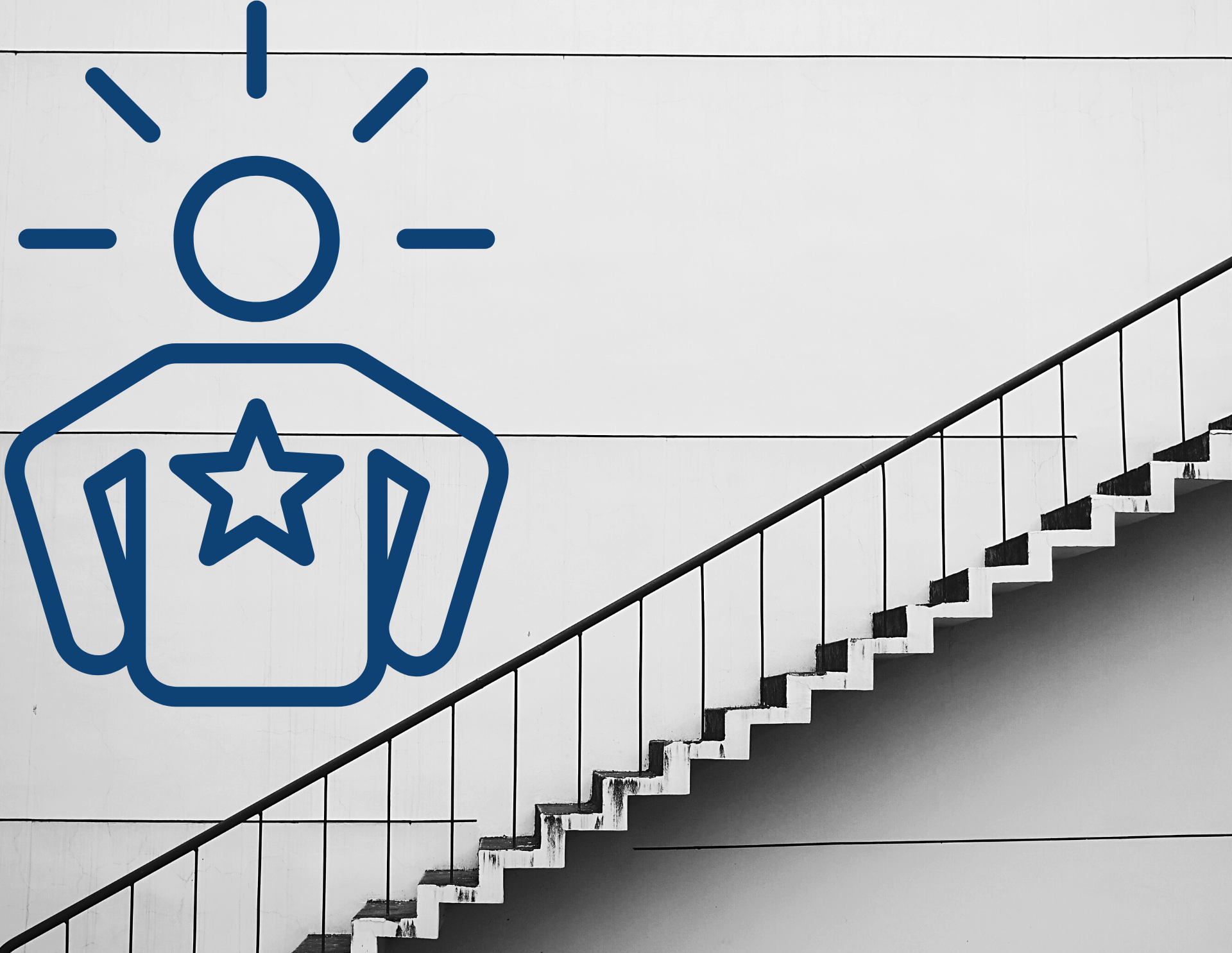 Outline of a stick figure with a star on the chest in front of a staircase leading up