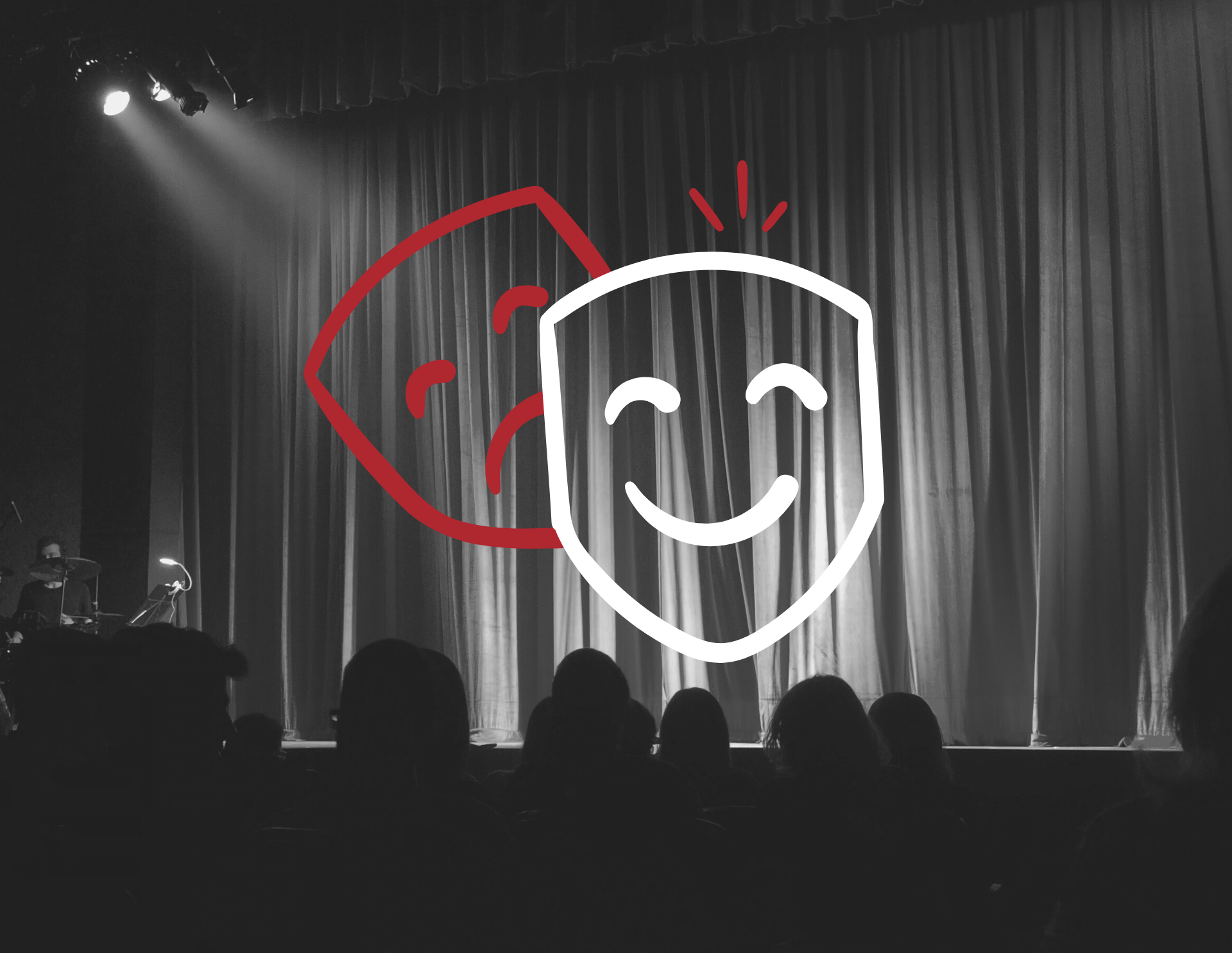 Black and white background of theatre stage and curtain. Red and white theatre mask in middle of photo.