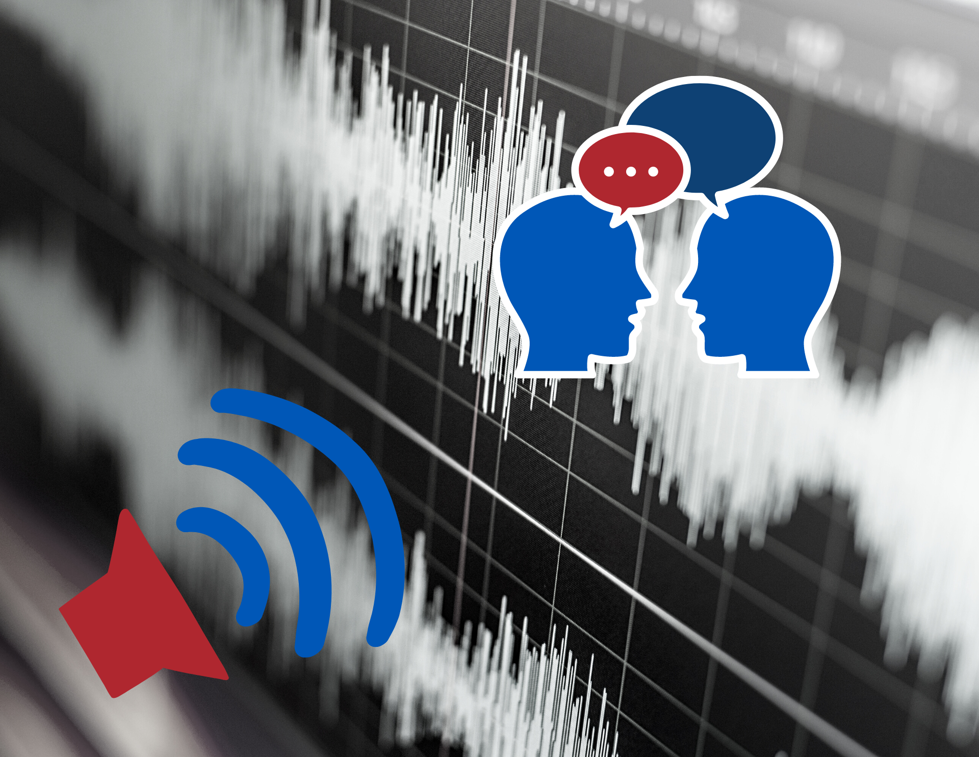 Background: black and white sound waves. Speech bubbles and microphone images in blue and red overlaid.