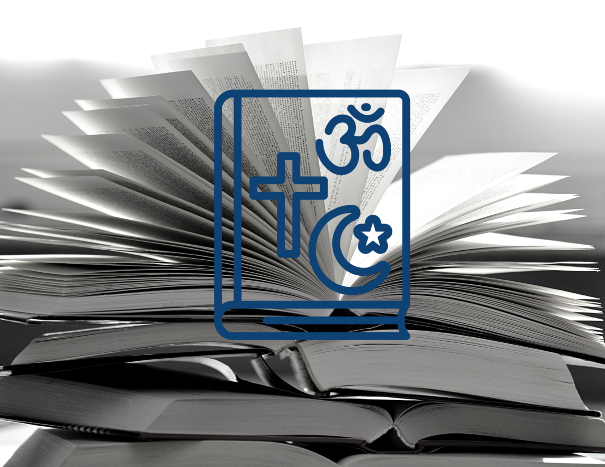 Black and white photo of an open book, the pages are fanning open. Overlaid on the black and white image is a line drawing of a blue book with a symbols from Christianity, Hinduism, and Islam.