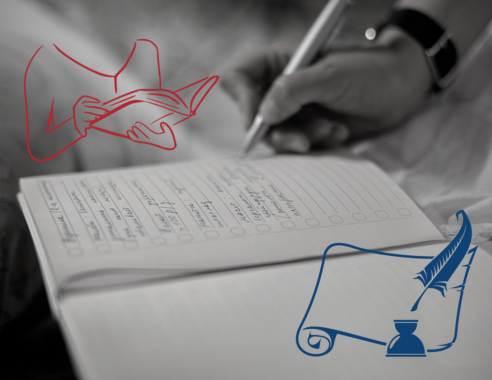 Black and white image of a notebook. A hand is pictured, using a pen to write in the notebook. Overlaid on the image are smaller line drawings in red and blue of a quill and ink, and a person holding a book.