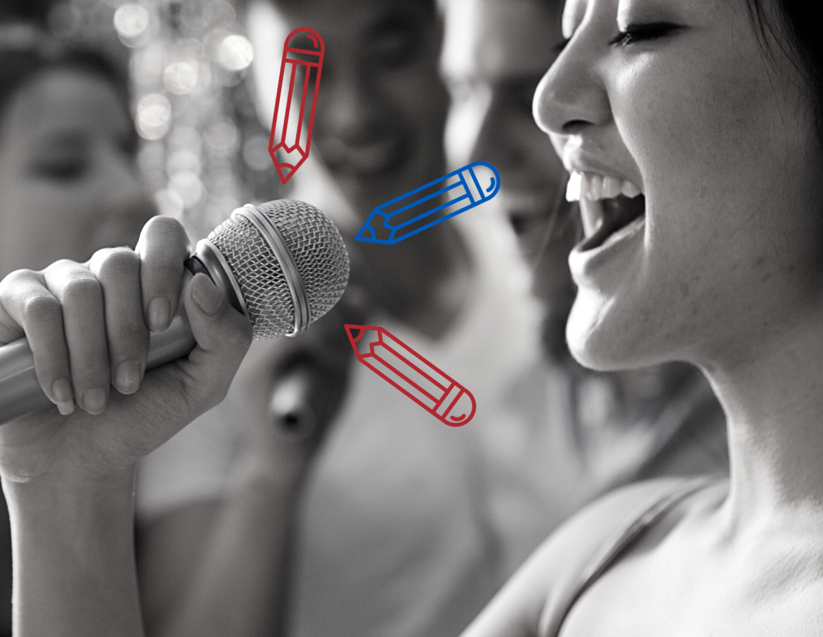 Close-up photo in black and white of a woman holding a microphone while singing. Three small clip art images of pencils are pointing at the microphone, like arrows. The pencils are blue and red.