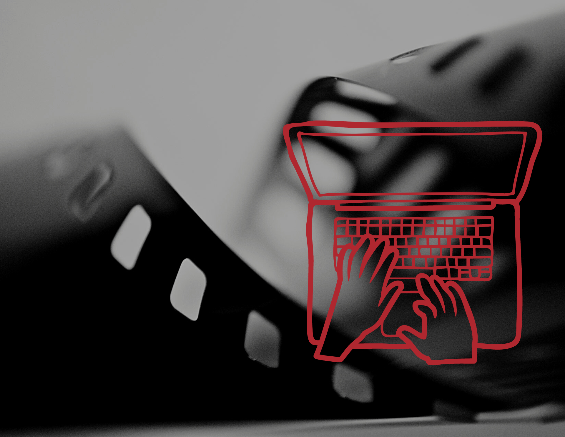 Background image: black and white close up of film strip. Foreground: red clipart picture of laptop