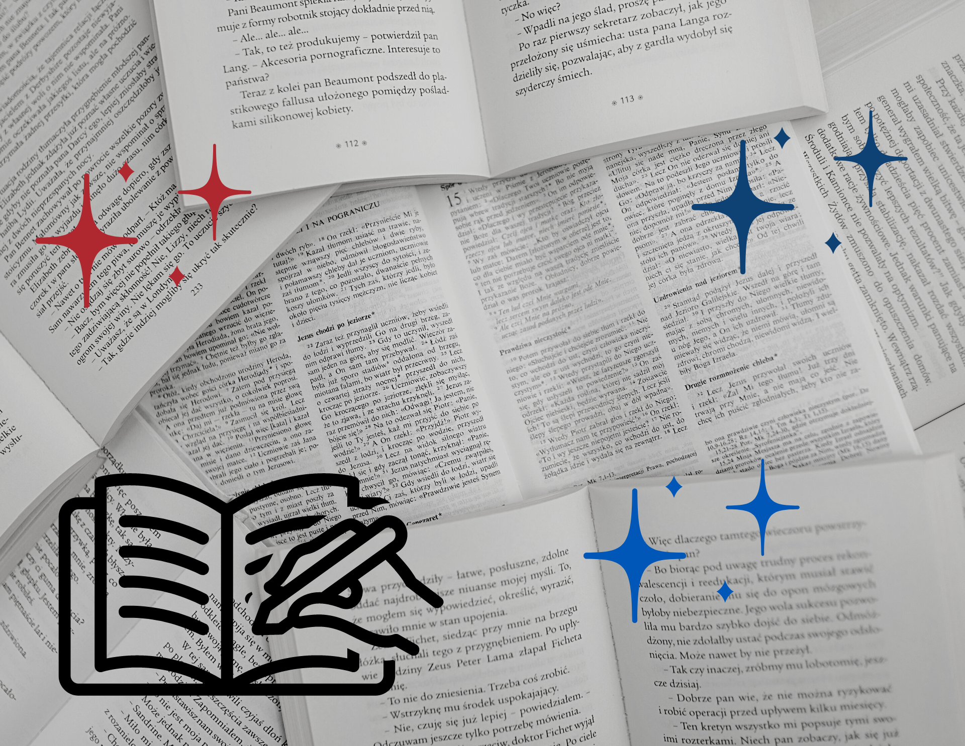 Multiple open books. Blue and red sparkles in the corner. Clipart of journal and pen.