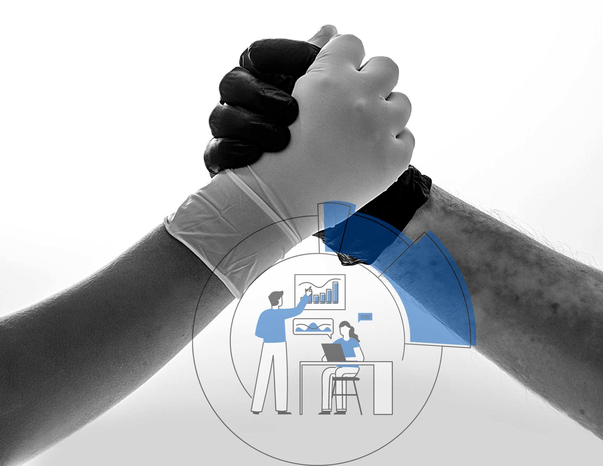 Two hands in medical gloves reach across and grab each other. Underneath the hands there is a blue and black graphic of two individuals writing and looking at a computer