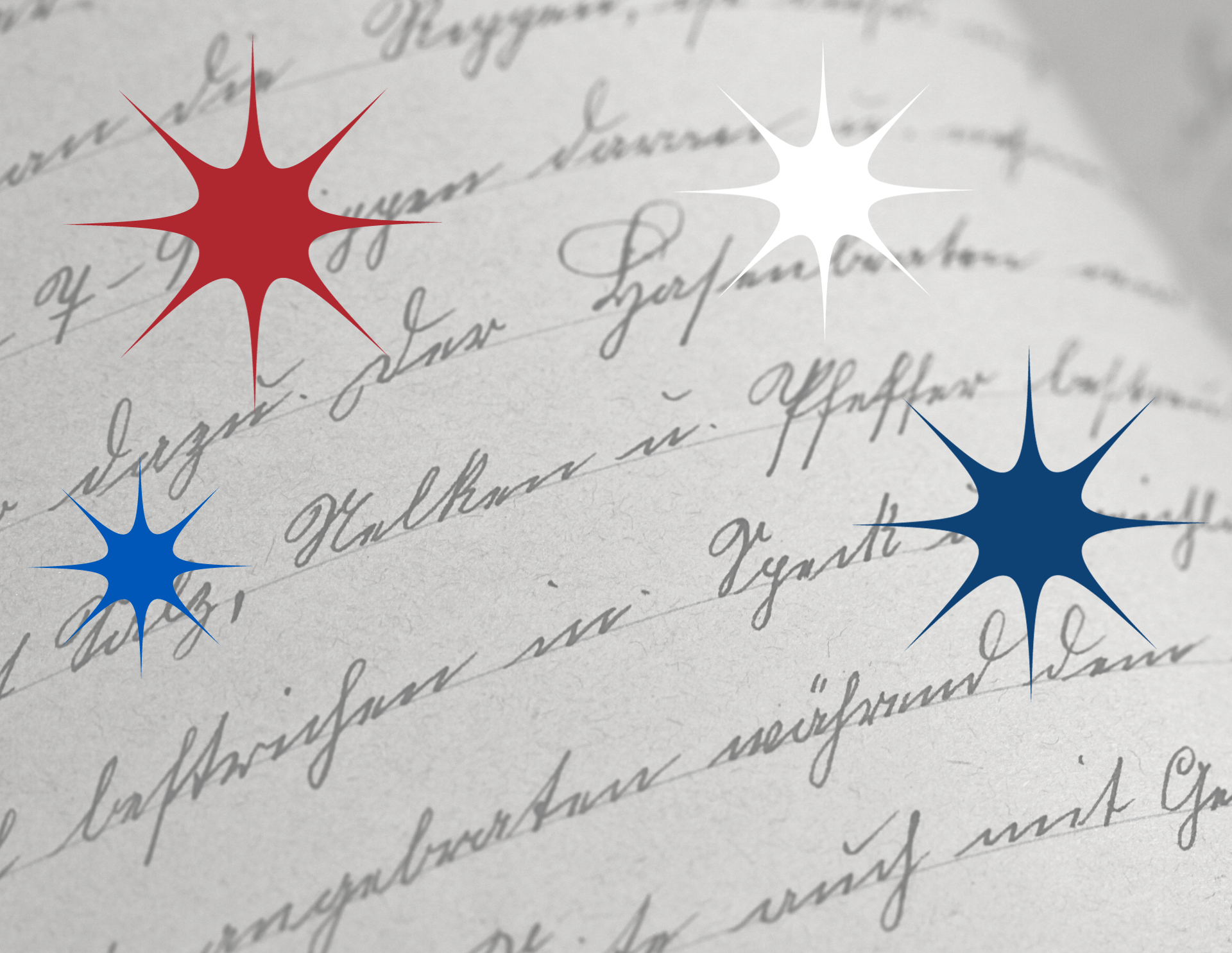 Close up image of cursive writing in a notebook. Blue, red, and white stars with 8 points are scattered across the notebook