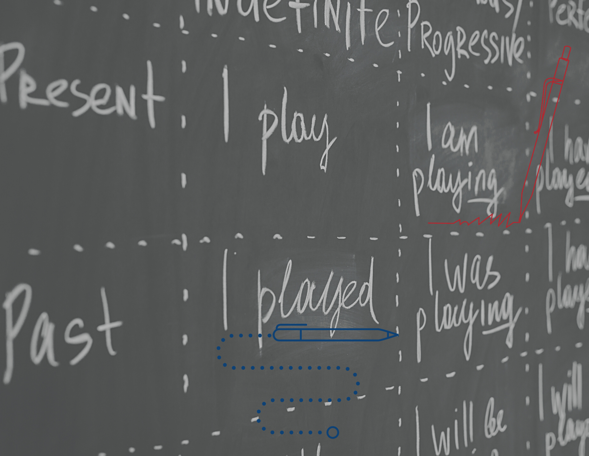 Chalkboard displaying present and past tenses of "to play"