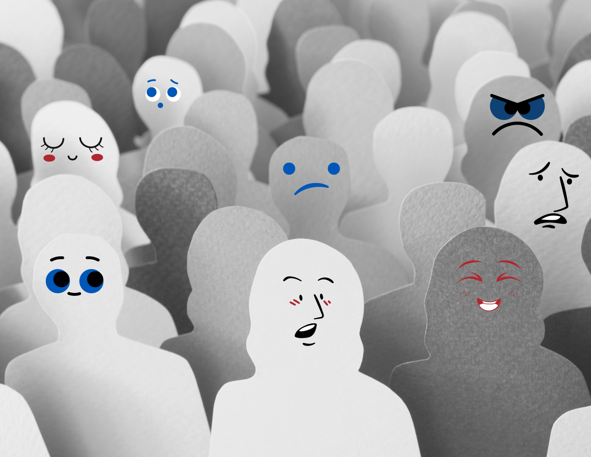 Outline of people's heads and shoulders standing together in a crowd. Cartoon expressions overlaid on their blank faces