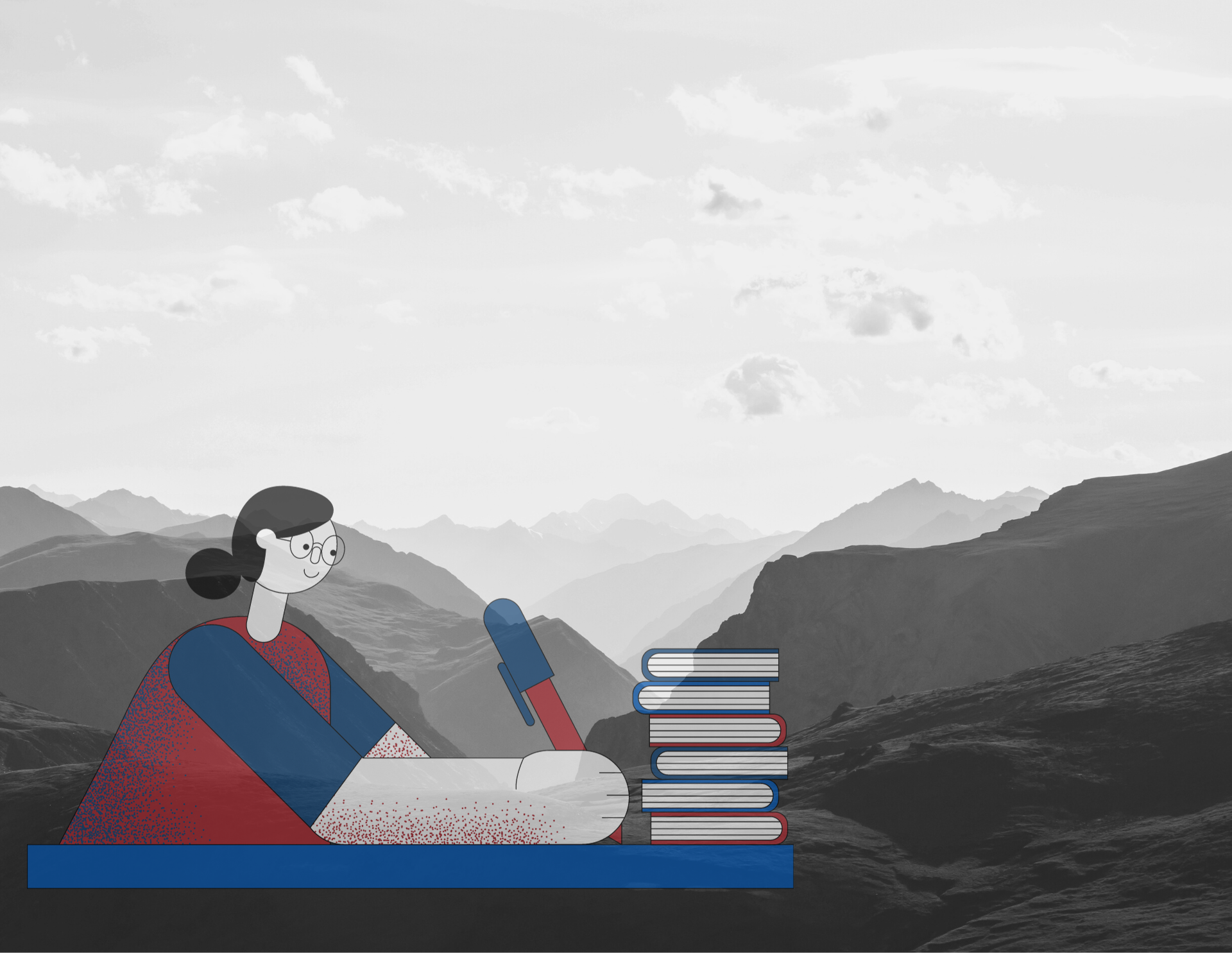 Background: mountains with a black and white filter. Foreground: A cartoon of a woman sitting at a desk with a large pen. A stack of books sit to her right. She wears round glasses and has black hair. The desk and book colors are in blue, red, black, and white.