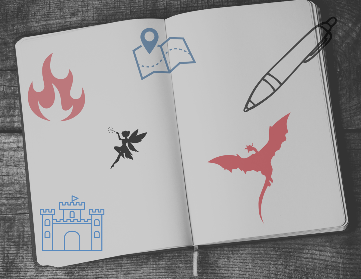 Blank notebook with clip art images of a dragon, castle, fairy, fire, map, and a pen scattered across the unlined pages.
